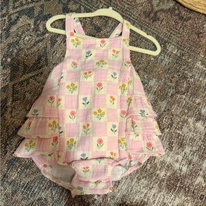 Angel Dear Pink Floral Check Ruffle Sunsuit